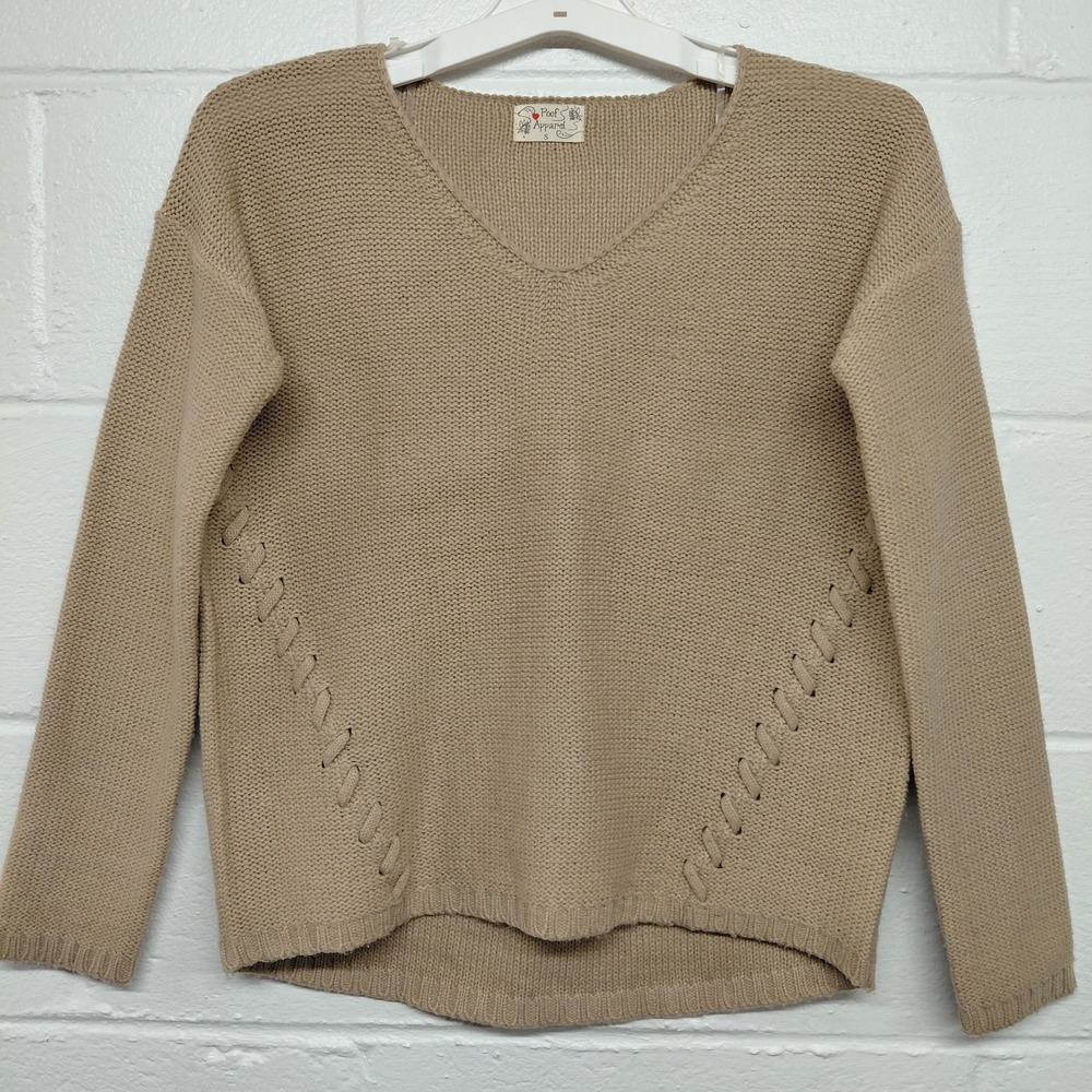 Poof Apparel Beige Side Lace Knit V-neck Sweater Womens Size SMALL Boho Western
